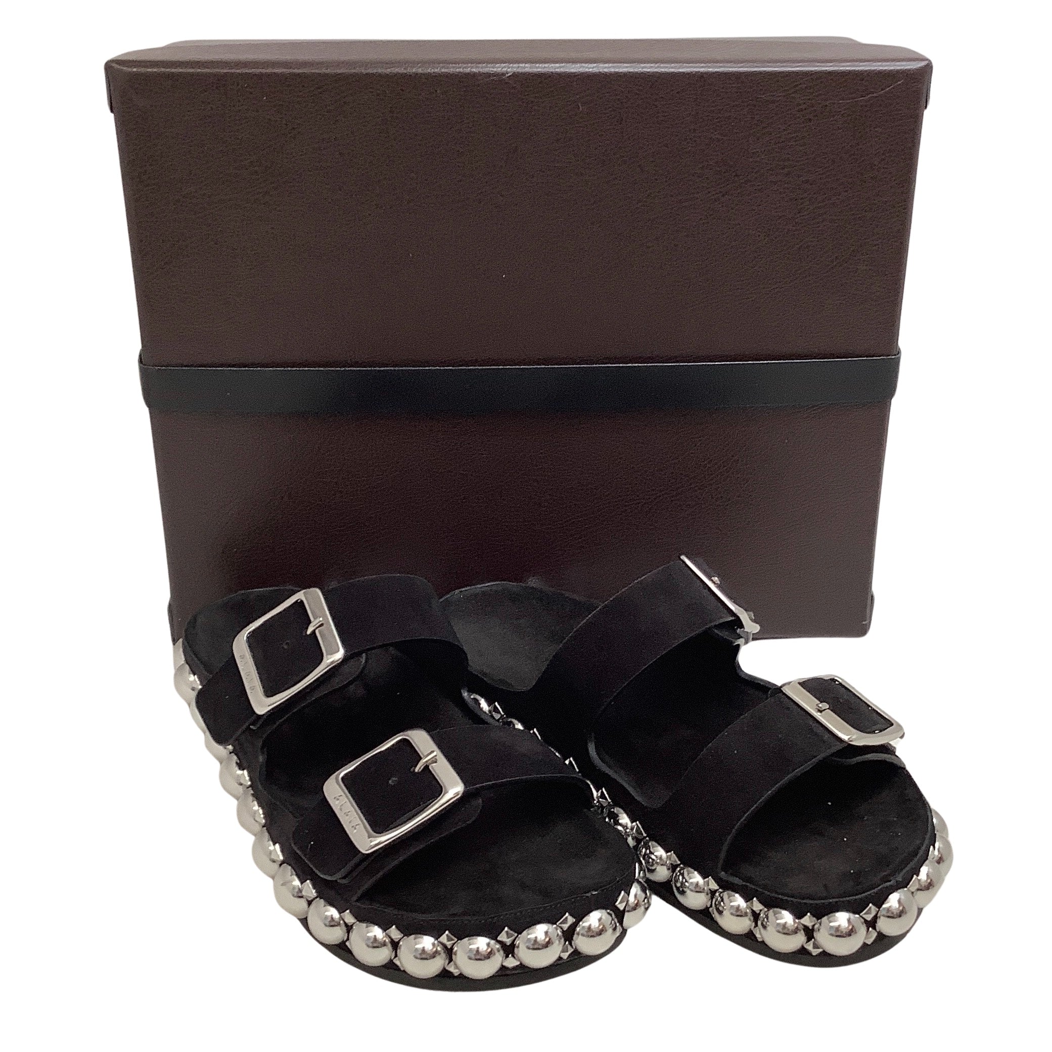 Alaia Black Suede Two Strap Sandal with Large Silver Studs