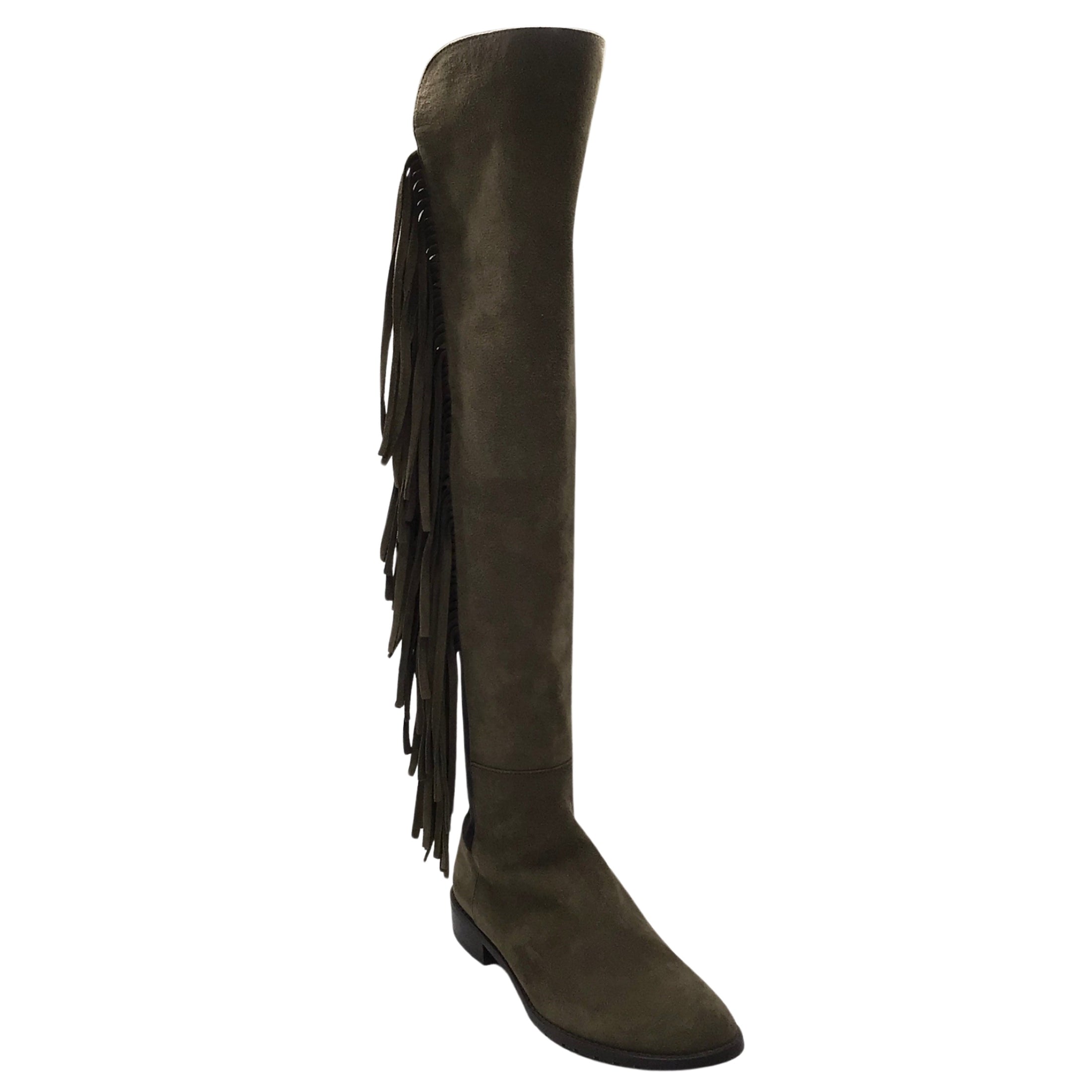 Stuart Weitzman Olive Green / Black Fringed Pull-On Knee-High Suede Leather Boots