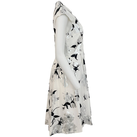 Lela Rose White / Silver Foil Floral Sleeveless Dress