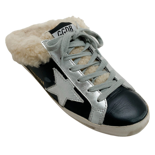 Golden Goose Deluxe Brand Black / SIlver Shearling Lined Sneaker Mules