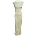 Load image into Gallery viewer, Chanel RARE Vintage 2001 Pale Mint Green / Silver Metallic Gown with Fishnet Trim and Three Camellia Flower Leather Brooches