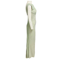 Load image into Gallery viewer, Chanel RARE Vintage 2001 Pale Mint Green / Silver Metallic Gown with Fishnet Trim and Three Camellia Flower Leather Brooches