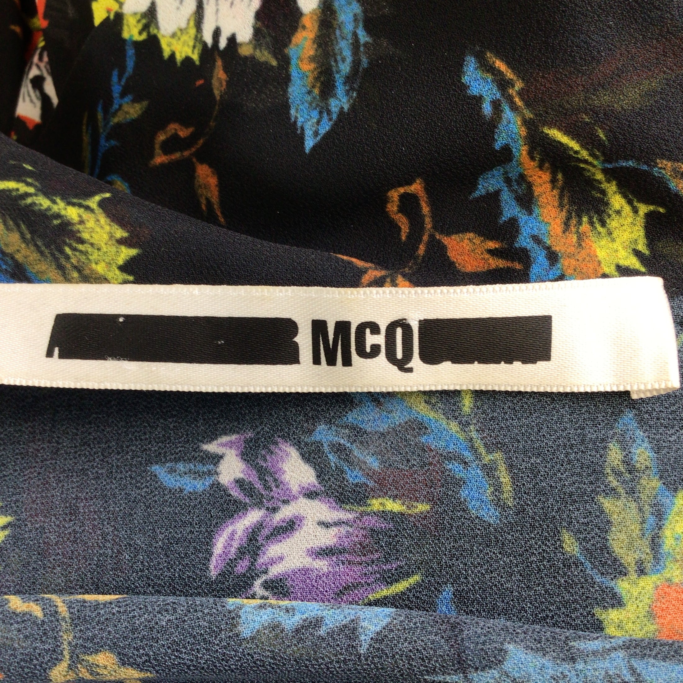 McQ by Alexander McQueen Black Multi Floral Printed Tie-Neck Ruffled Silk Dress