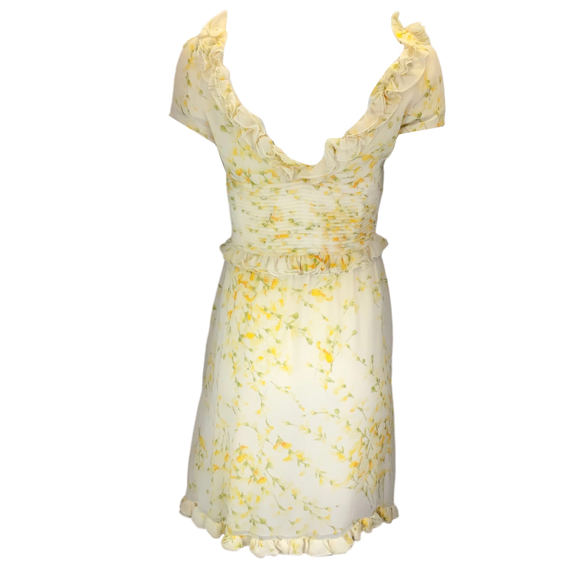 Valentino Ivory / Yellow / Green Multi Floral Printed Ruffled Short Sleeved Silk Dress