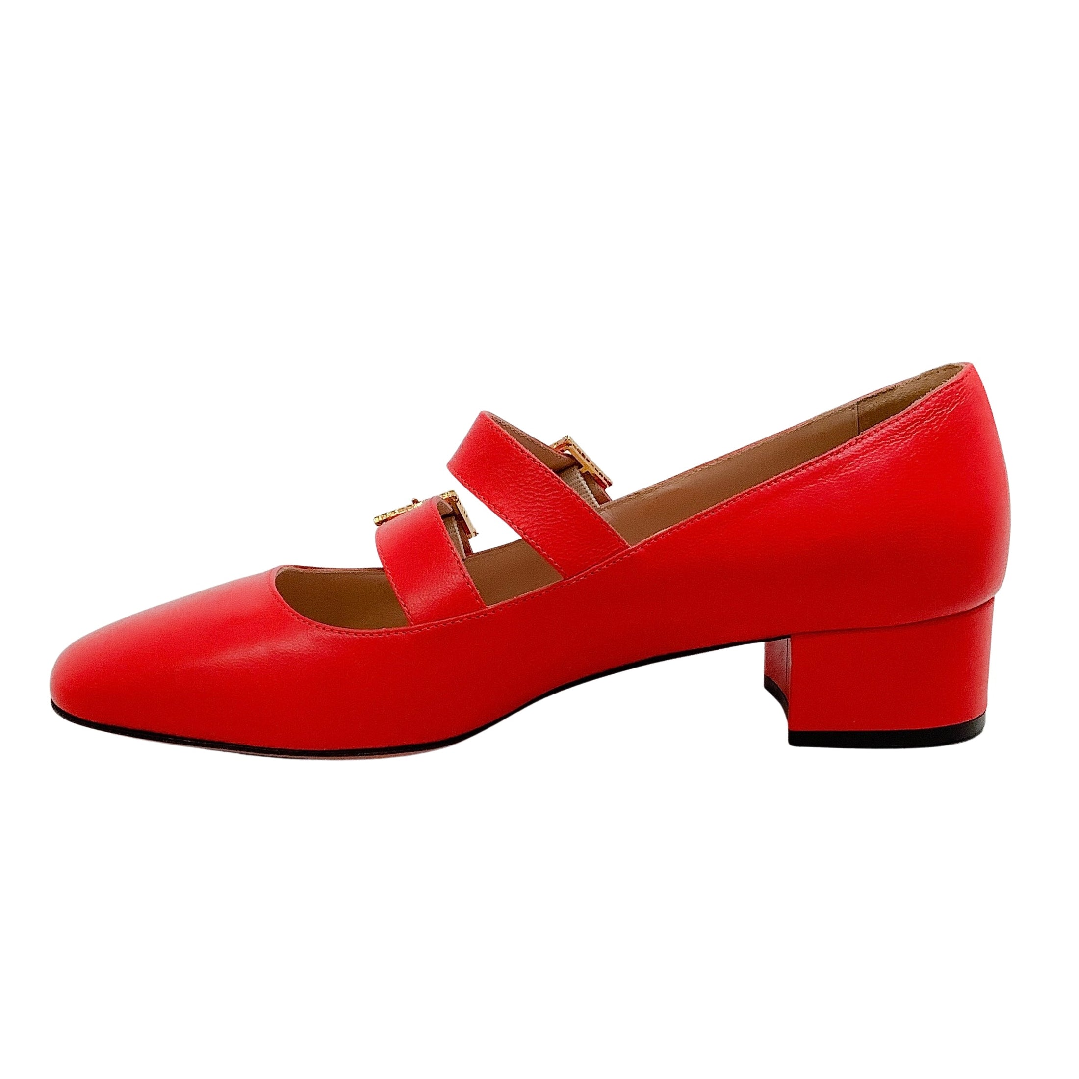 Vivetta Red Leather Double Strap Mary Jane Pumps with Crystal Buckles