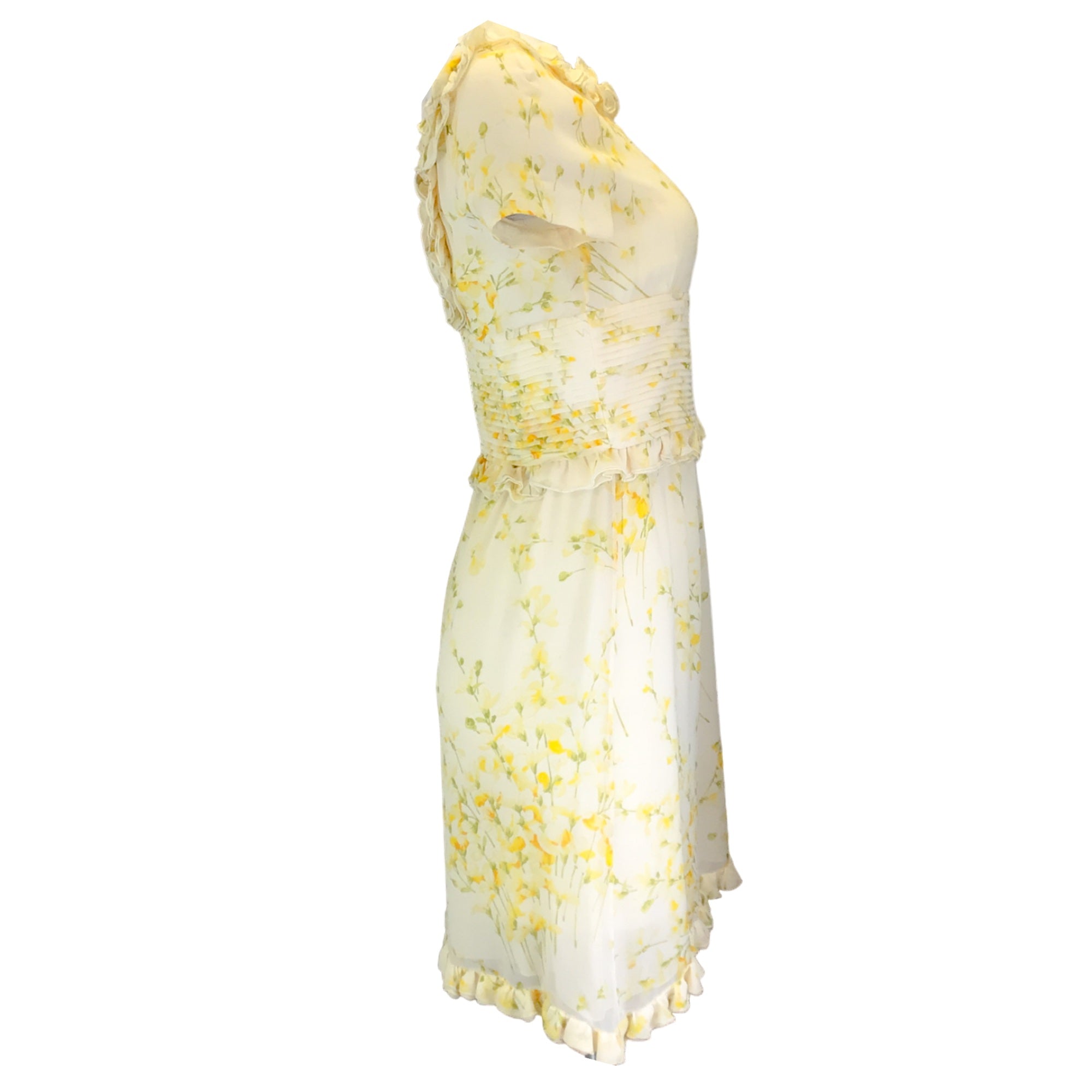 Valentino Ivory / Yellow / Green Multi Floral Printed Ruffled Short Sleeved Silk Dress