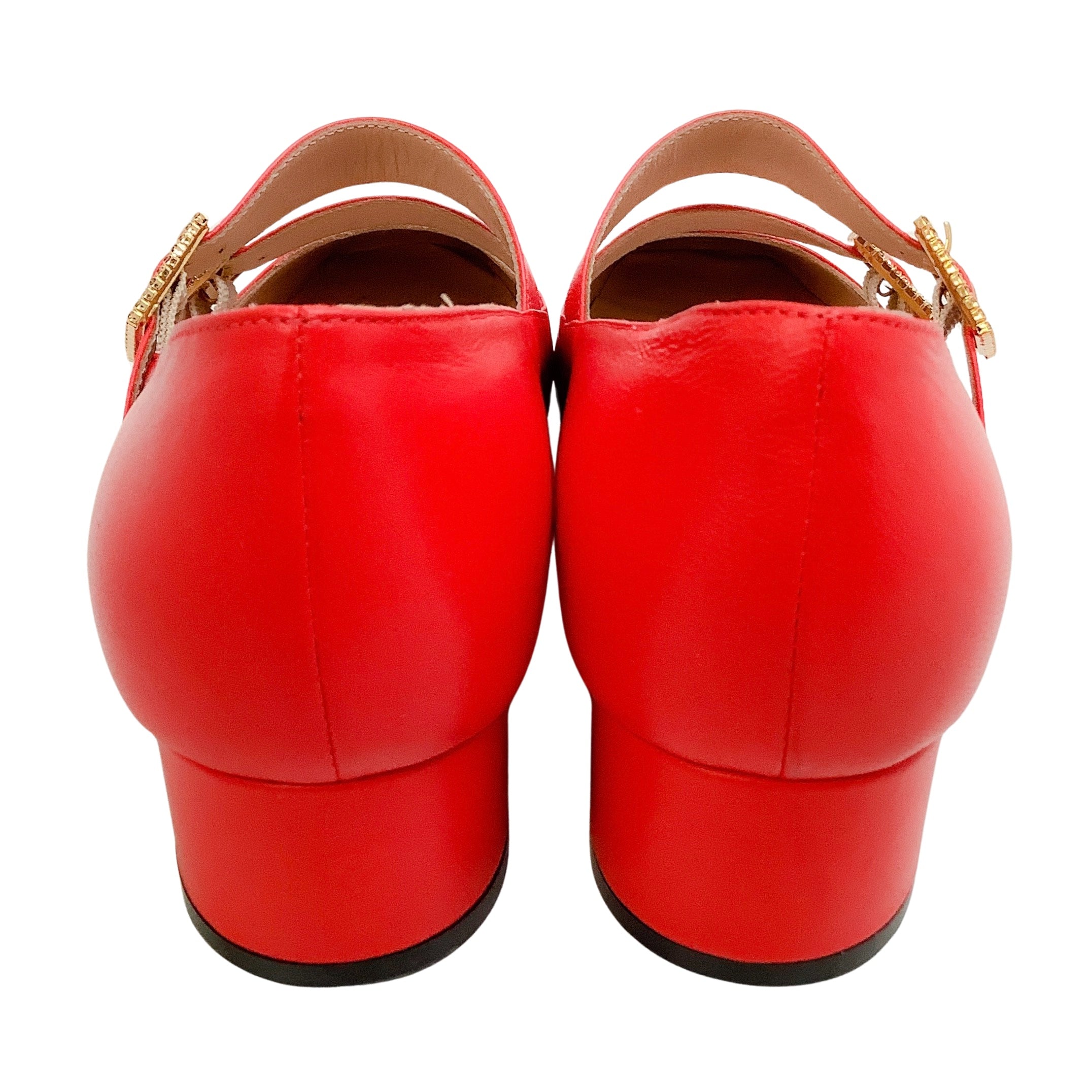 Vivetta Red Leather Double Strap Mary Jane Pumps with Crystal Buckles