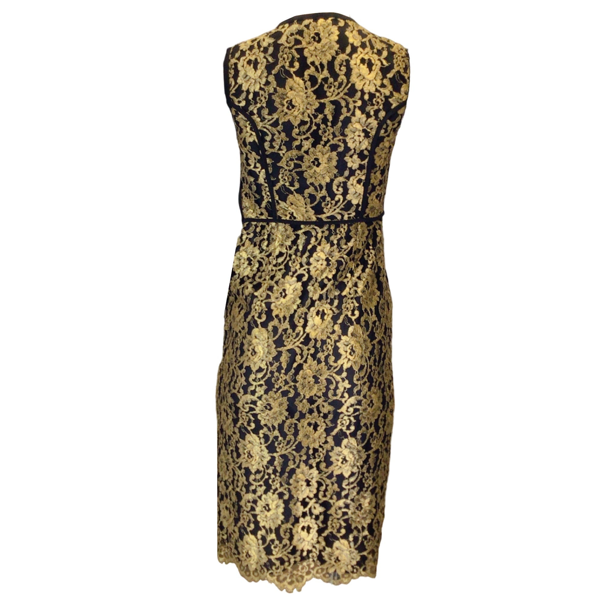 Derek Lam Black / Gold Metallic Floral Lace Sleeveless Midi Dress