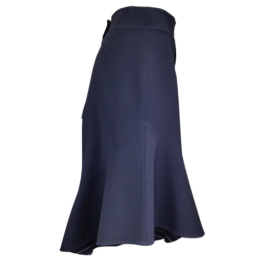 Oscar de la Renta Navy Blue Asymmetrical Ruffled Wool Midi Skirt