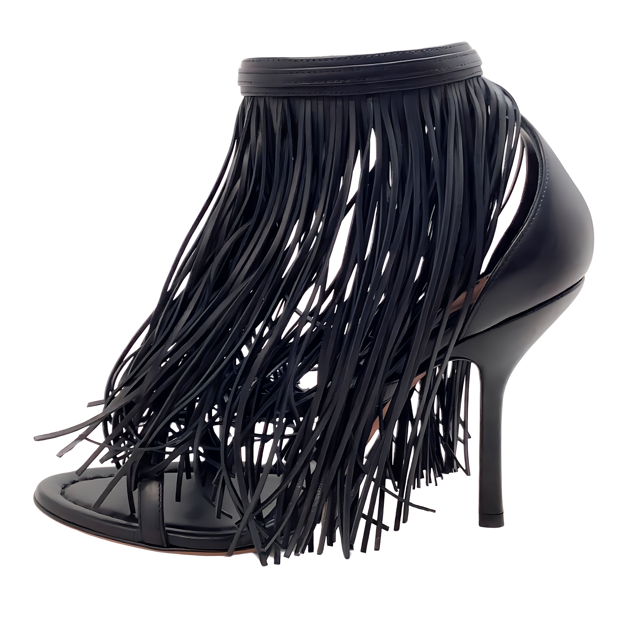 Alaia Black Leather Maxi Fringe Sandals with Ankle Strap