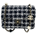 Load image into Gallery viewer, Chanel Black / White / Navy Blue Quilted Tweed Resin Heart Mini Flap Crossbody Bag