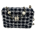 Load image into Gallery viewer, Chanel Black / White / Navy Blue Quilted Tweed Resin Heart Mini Flap Crossbody Bag
