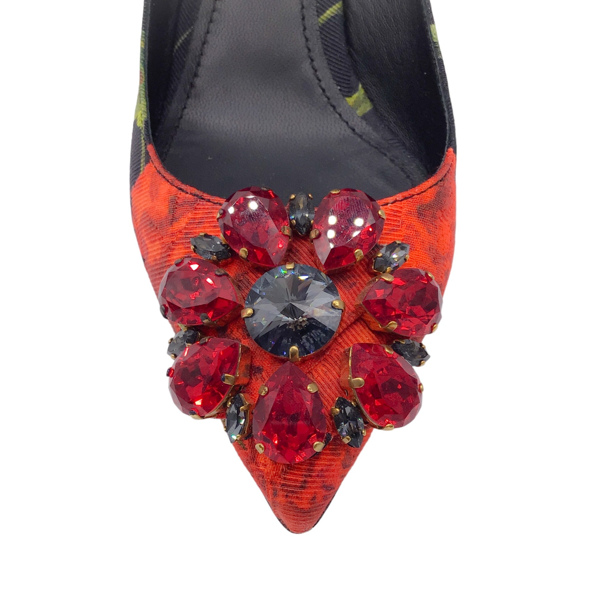 Dolce & Gabbana Red / Black Multi Floral Crystal Embellished Slingback Jacquard Pumps
