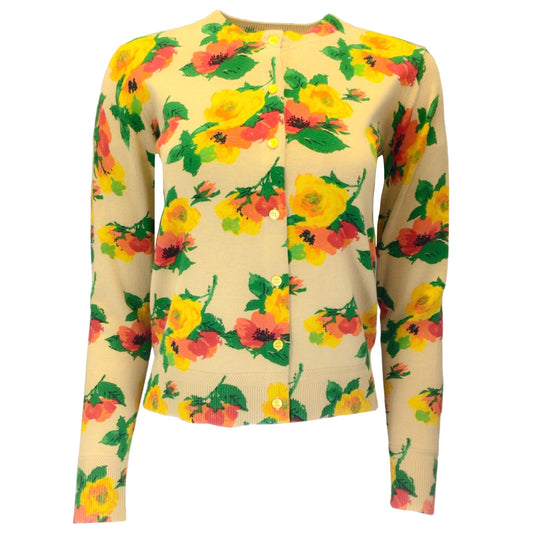 Muveil Yellow Multi Floral Patterned Long Sleeved Button-down Knit Cardigan Sweater