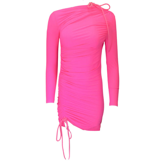Balenciaga Hot Pink Drawstring Detail Ruched Fitted Long Sleeved Mini Dress