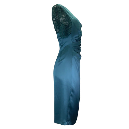 Talbot Runhof Korfu Teal Ruched Lace Detail Satin Midi Dress