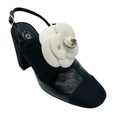 Load image into Gallery viewer, Chanel Black 2023 Crumpled Shiny Fabric Grosgrain Cap Toe Camellia Bow Slingback Pumps
