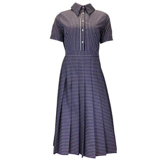 Duncan Blue / White Striped Short Sleeved Button-Front Cotton Midi Dress