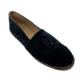 Load image into Gallery viewer, Chanel Navy Blue / Black CC Logo Embroidered Velvet Espadrille Flats