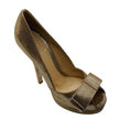 Load image into Gallery viewer, Fendi Gold Deco Textured Leather Double Platform Bow Peep Toe Pumps