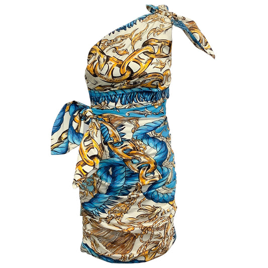 Moschino Turquoise / Gold Print One Shoulder Dress