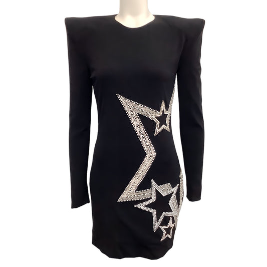 Balmain Black Long Sleeve Bodycon Dress with Crystal Star Embellishments
