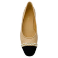 Load image into Gallery viewer, Chanel Beige / Black 2020 Pearl Embellished Grosgrain Cap Toe Lambskin Leather Ballerina Flats