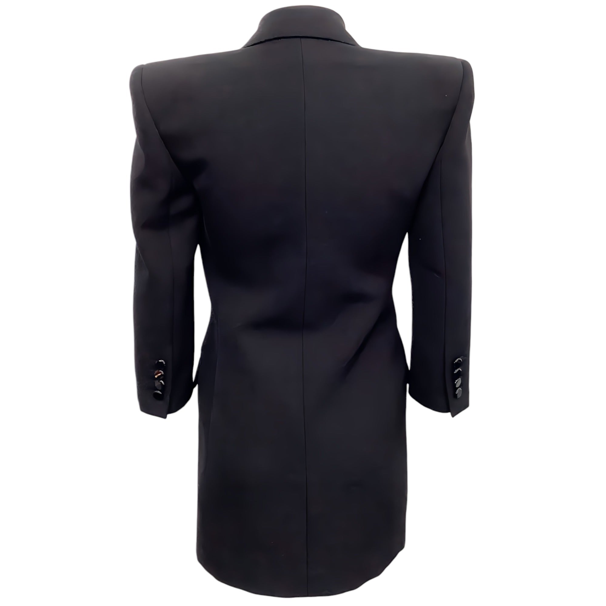 Saint Laurent Black 3/4 Sleeve Double Breasted Strong Shoulder Coat Dress