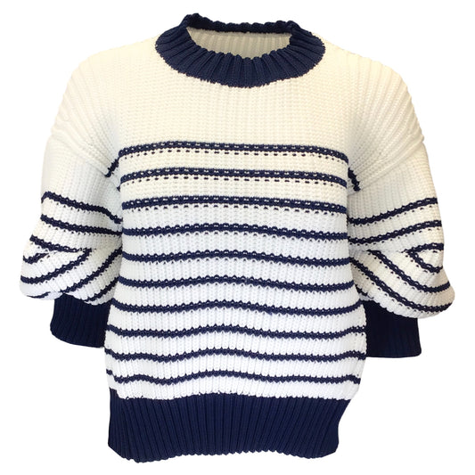 Sacai White / Navy Blue Striped Puff Sleeved Crewneck Knit Pullover Sweater