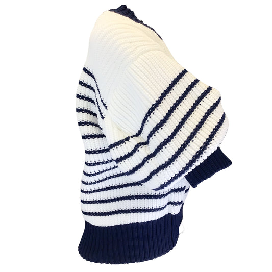 Sacai White / Navy Blue Striped Puff Sleeved Crewneck Knit Pullover Sweater