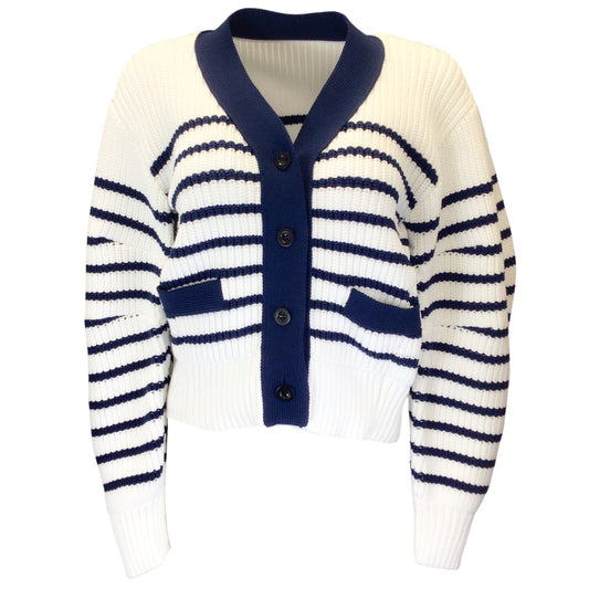 Sacai White / Navy Blue Striped Knit Cardigan Sweater