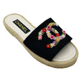 Load image into Gallery viewer, Chanel Black Multi Floral Embroidered CC Logo Flat Espadrille Sandals