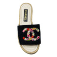 Load image into Gallery viewer, Chanel Black Multi Floral Embroidered CC Logo Flat Espadrille Sandals
