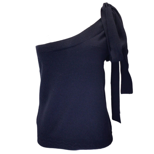 Chanel Navy Blue Tie Detail One Shoulder Wool Knit Top