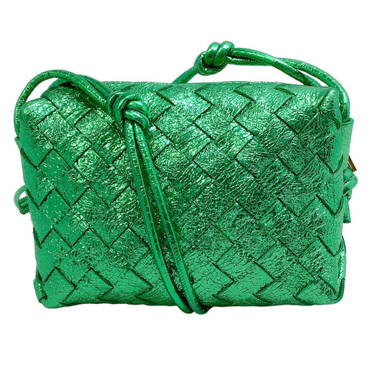 Bottega Veneta Green Metallic Intrecciato Laminated Leather Mini Loop Cross Body Bag