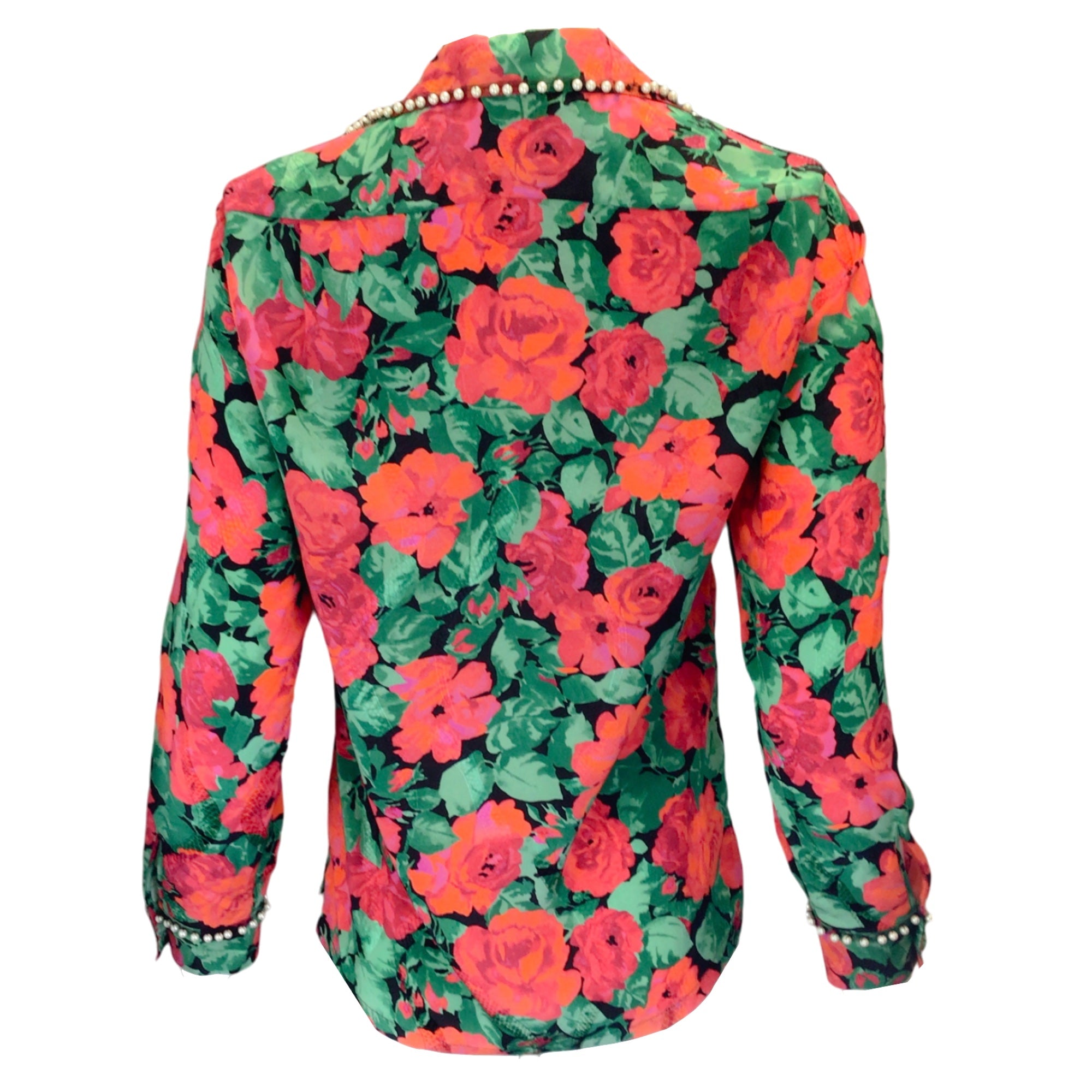 Gucci Red / Green / Black Pearl Embellished Rose Printed Silk Blouse