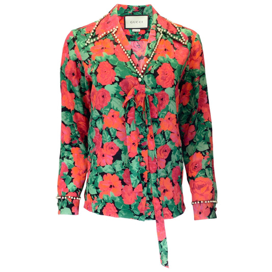 Gucci Red / Green / Black Pearl Embellished Rose Printed Silk Blouse