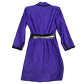 Load image into Gallery viewer, Saint Laurent Rive Gauche Vintage Purple / Black Trimmed Long Sleeved Patent Leather Belted Wool Dress
