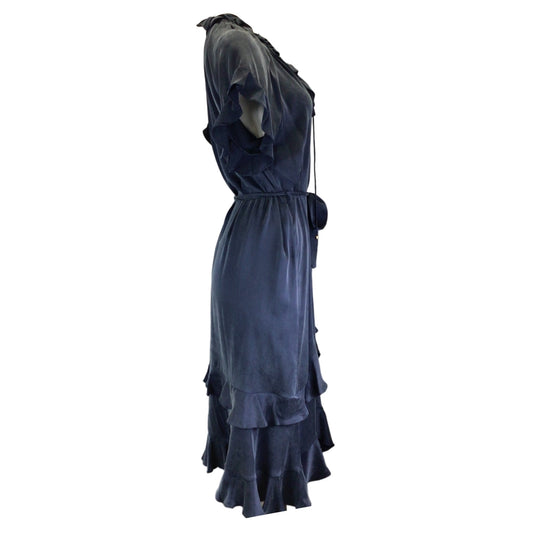 Zimmermann Navy Blue Ruffled Belted Silk Midi Dress