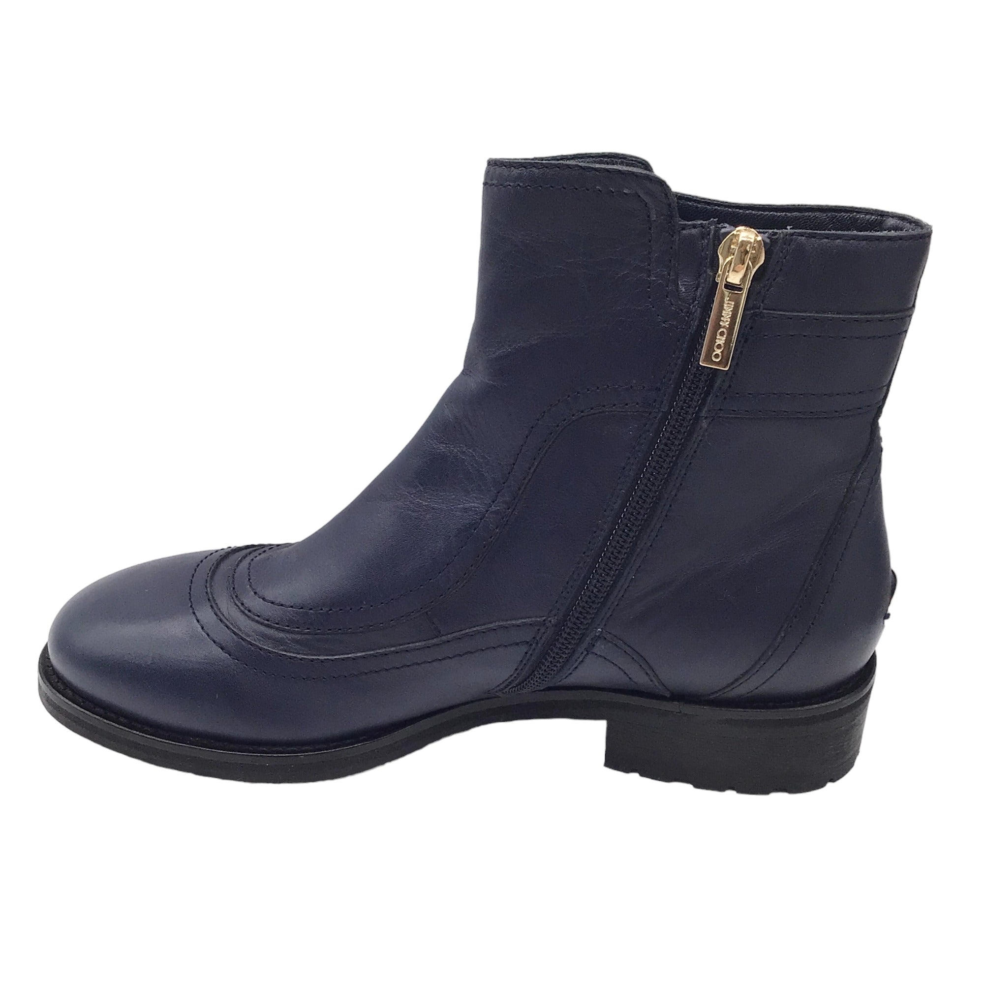 Jimmy Choo Brylee Navy Blue / Gold Buckle Flat Leather Ankle Boots