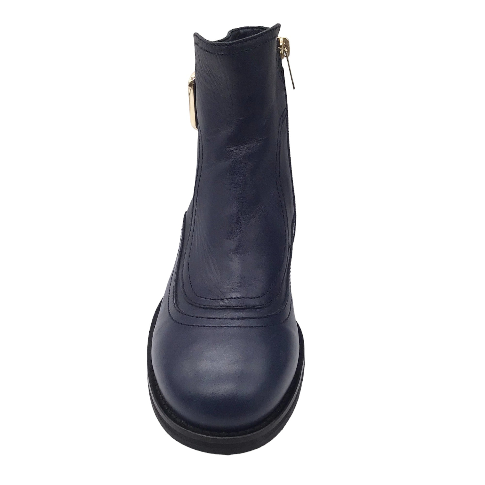 Jimmy Choo Brylee Navy Blue / Gold Buckle Flat Leather Ankle Boots
