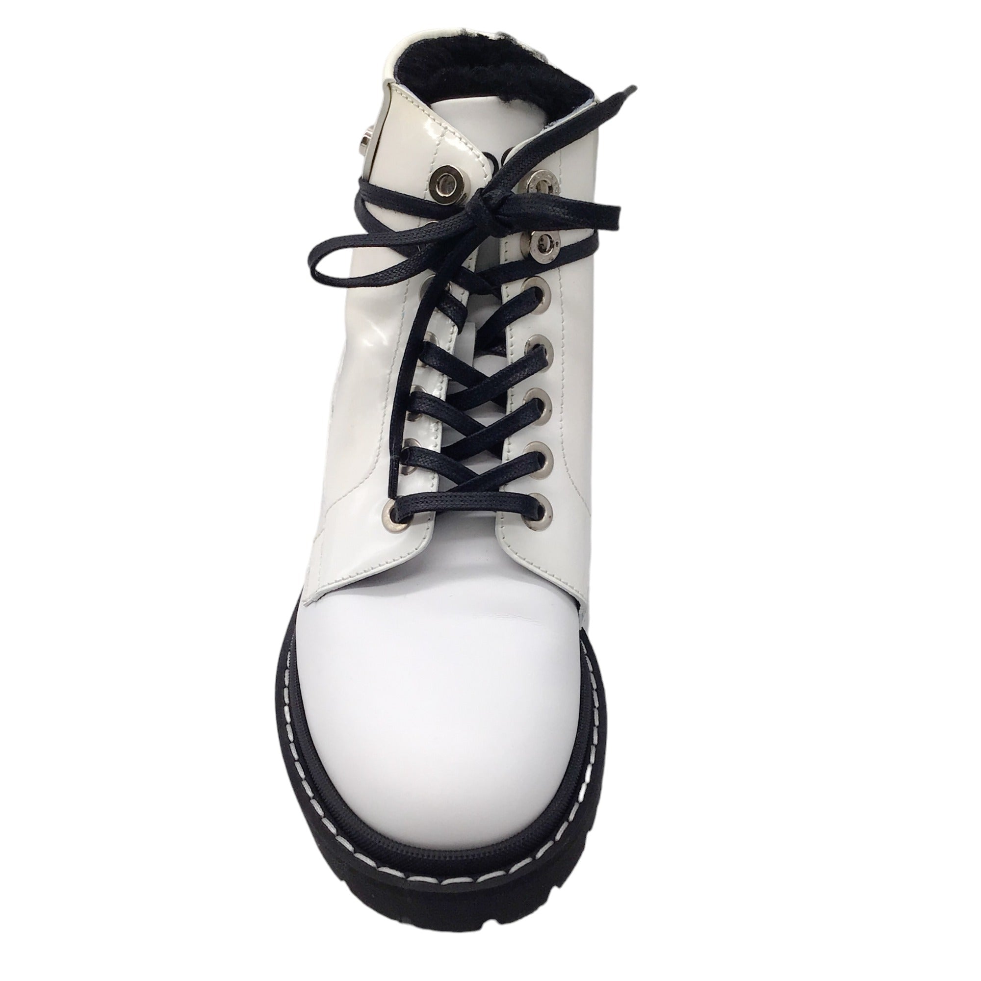 Jimmy Choo White / Black Shearling Lined Lace-Up Leather and Patent Leather Boots