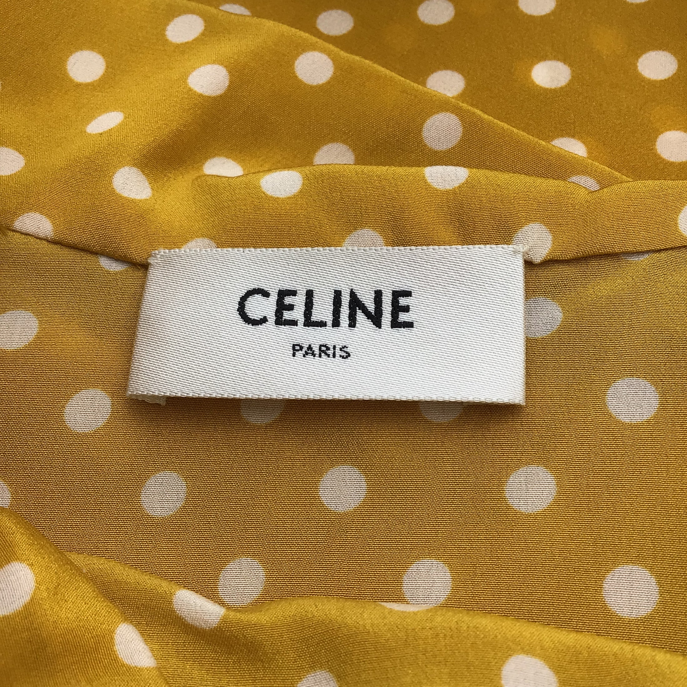 Celine Marigold Yellow / Ivory Polka Dot Printed Tie-Neck Short Sleeved Silk Blouse