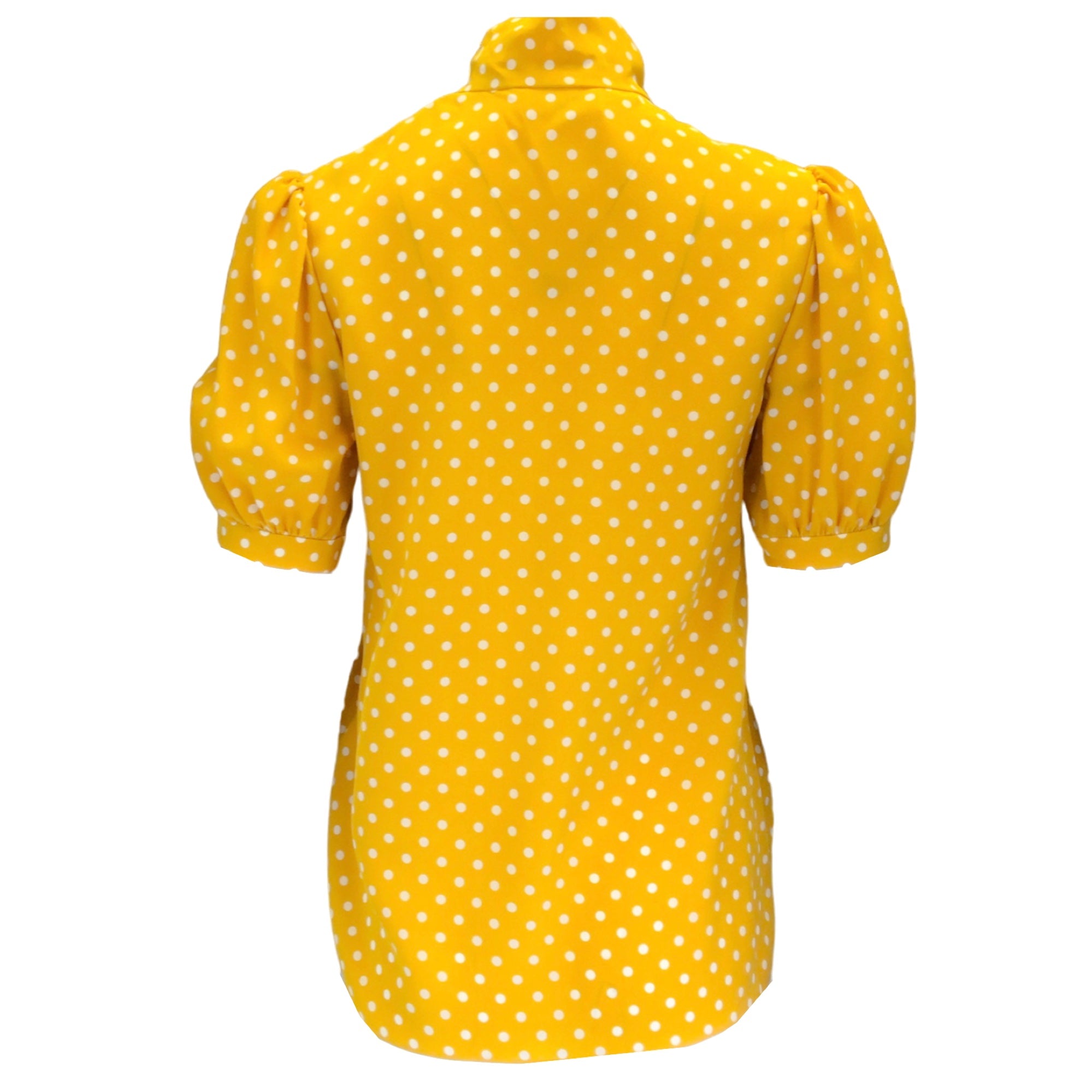 Celine Marigold Yellow / Ivory Polka Dot Printed Tie-Neck Short Sleeved Silk Blouse
