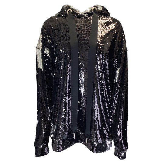 Marques Almeida Black / Silver Metallic Sequin Embellished Hooded Drawstring Sweatshirt