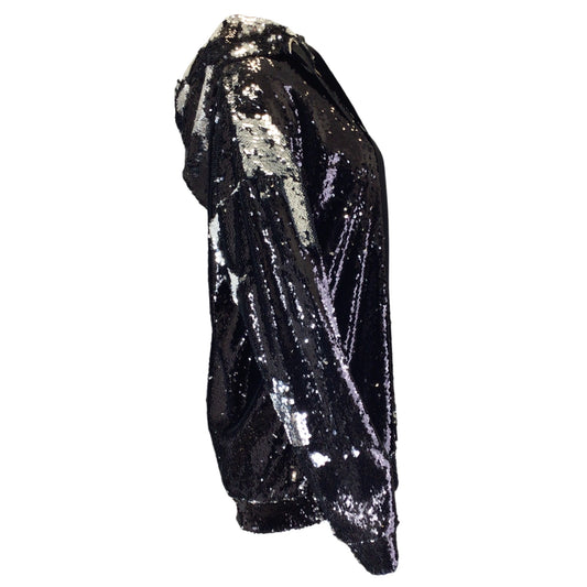 Marques Almeida Black / Silver Metallic Sequin Embellished Hooded Drawstring Sweatshirt