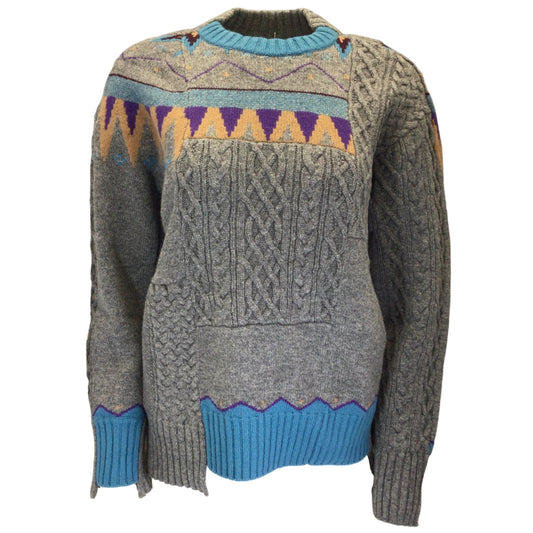 Sacai Grey / Blue Multi Patchwork Cable Knit Wool Sweater