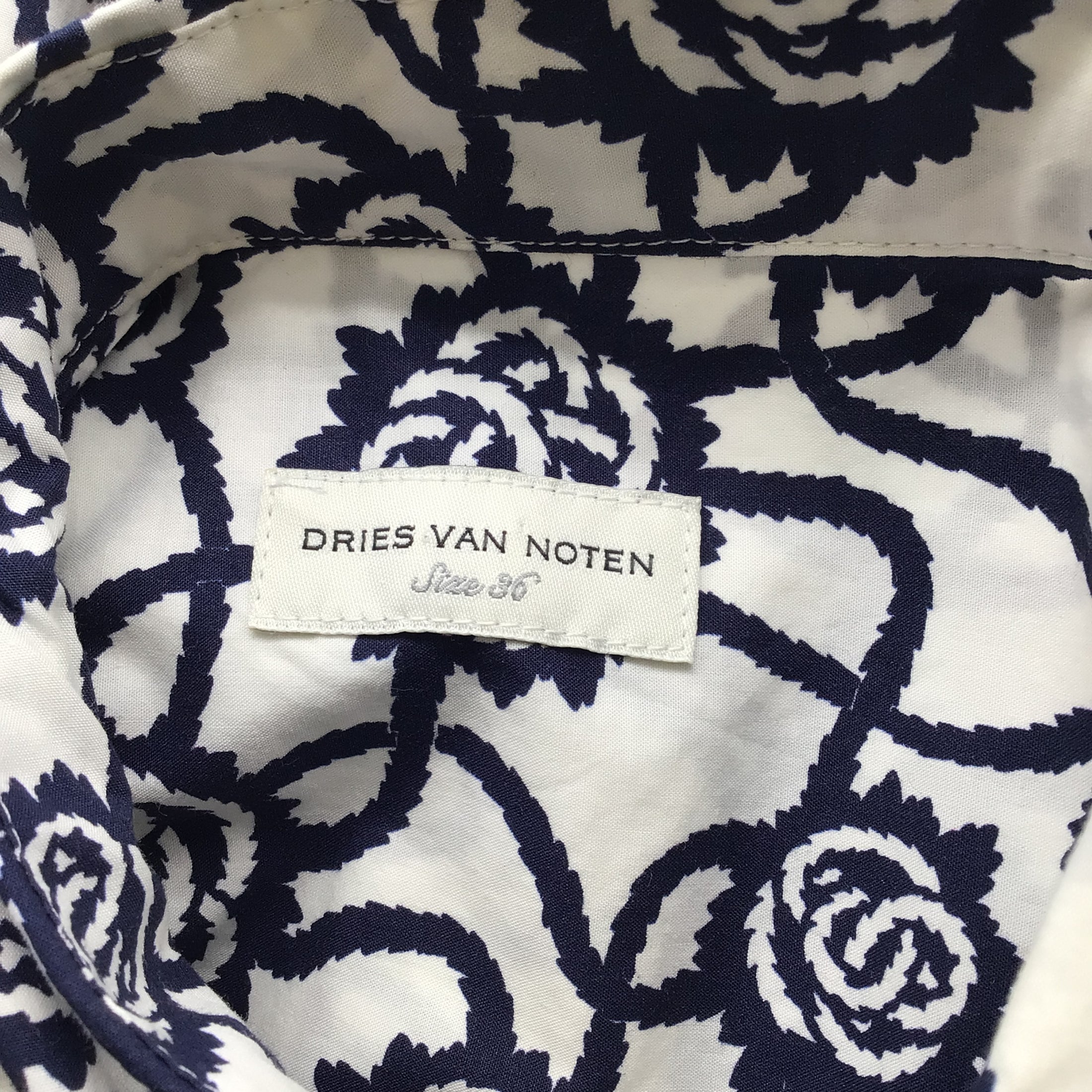 Dries Van Noten White / Navy Blue Printed Cotton Peplum Dress