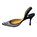 Load image into Gallery viewer, Manolo Blahnik Navy Blue / White Embroidered Linen Slingback Pumps