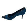 Load image into Gallery viewer, Manolo Blahnik Blue Wool Tweed Pumps with Navy Patent Leather Pointed Cap Toe